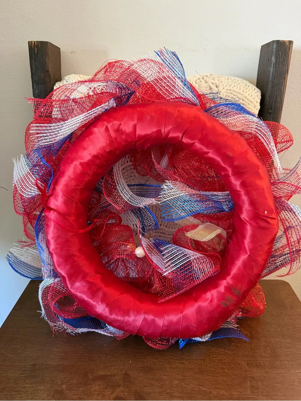 Patriotic Red Mesh Wreath - Home Holiday Decorative Door Accent